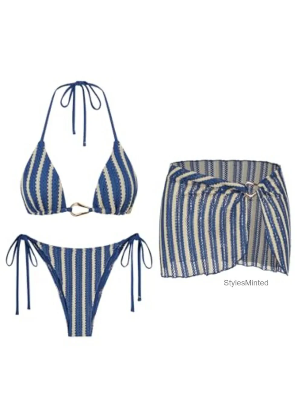 3 Piece Bikini Set with Cover Up Skirt - Textured Halter String Side Bathing